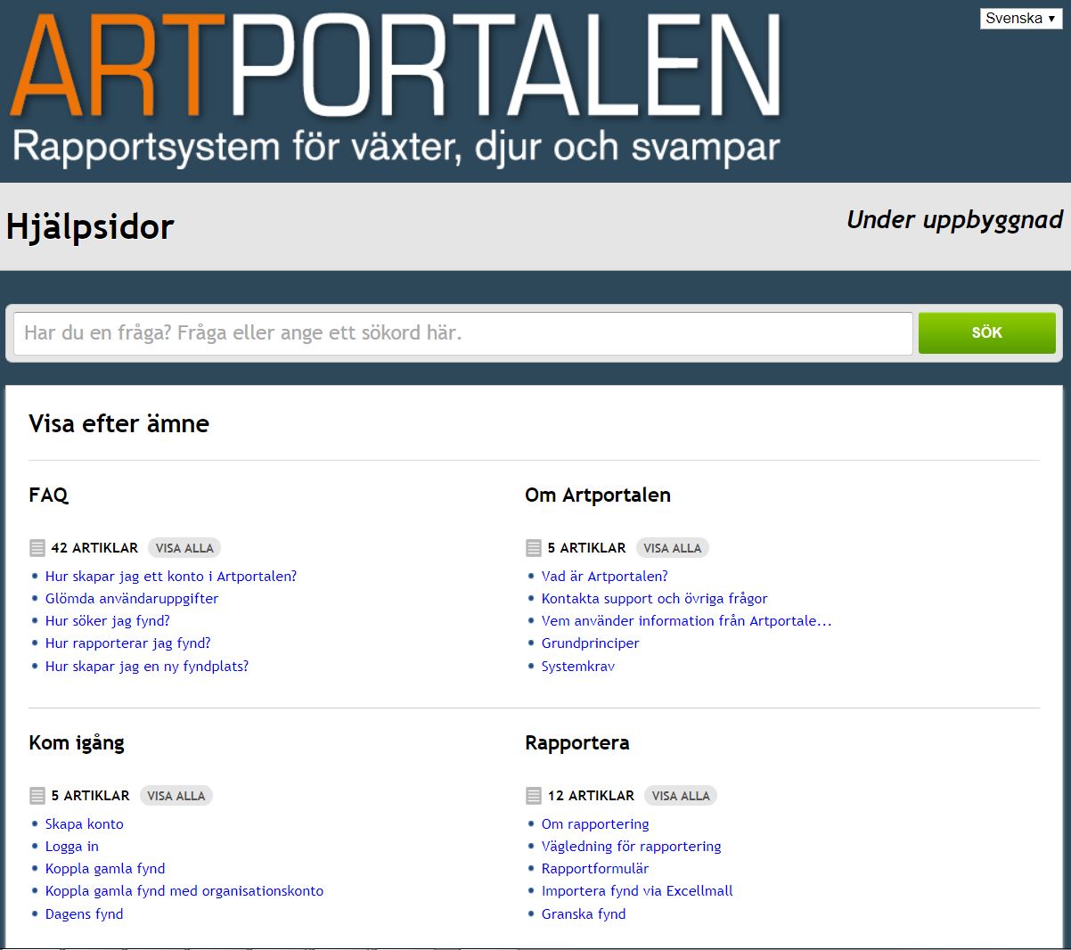 Skärmdump på Artportalens hjälpsidor