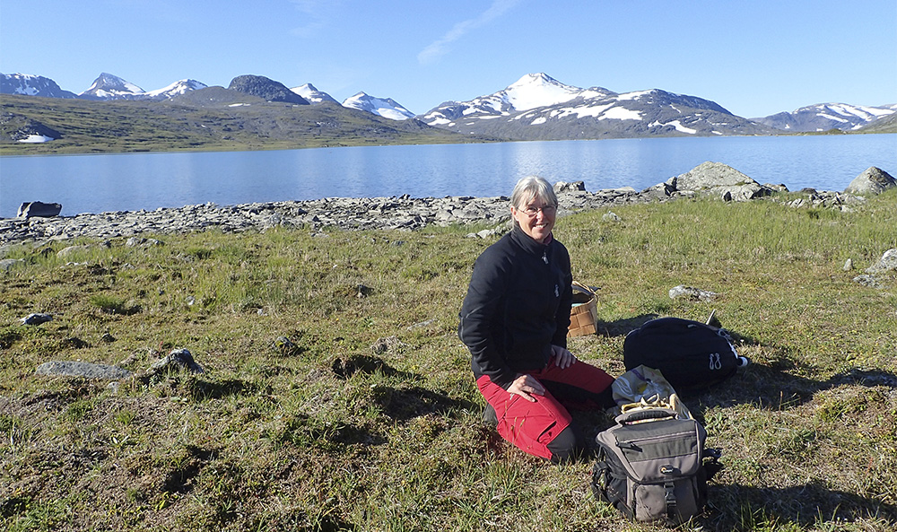 Kvinna sitter på gräsmark med vatten och snöbeklädda berg i bakgrunden. Foto