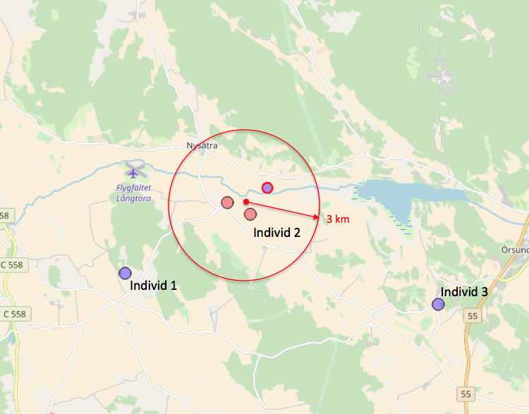 Alla observationer som hamnar inom tre kilometers radie från en svärm av fynd räknas som samma individ.