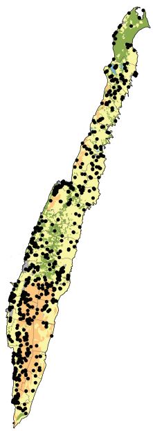 Karta över Öland med prickar på. Karta