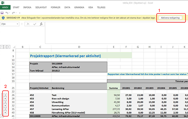 Excelark med Aktivera redigering inringat med siffran 1 samt plustecken vänster om radnumren inringade med siffran 2. Skärmavbild