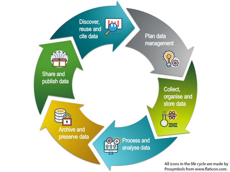 Circle with arrows representing different steps in the data management process. Illustration.