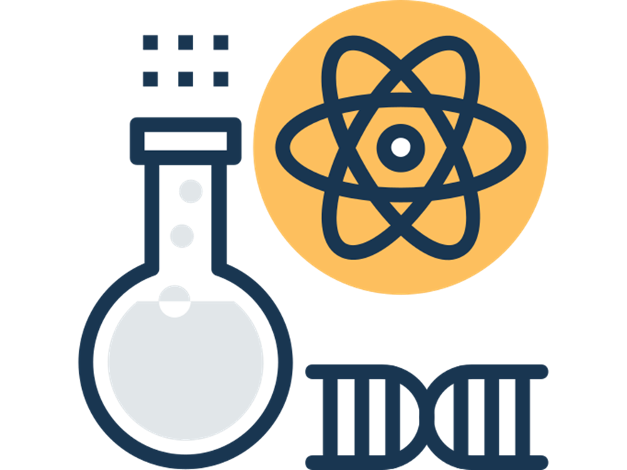 Rundkolv, atom och DNA-molekyl. Illustration.