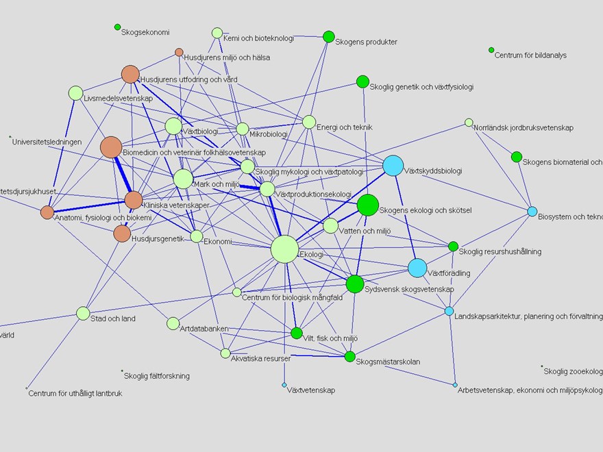 Illustration med olikfärgade punkter som respresenterar SLU:s forskningsområden sammabnundna med streck och i kluster