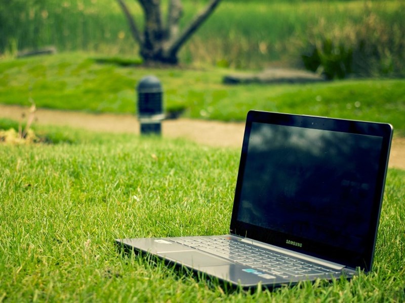 Laptop on a lawn, photo.