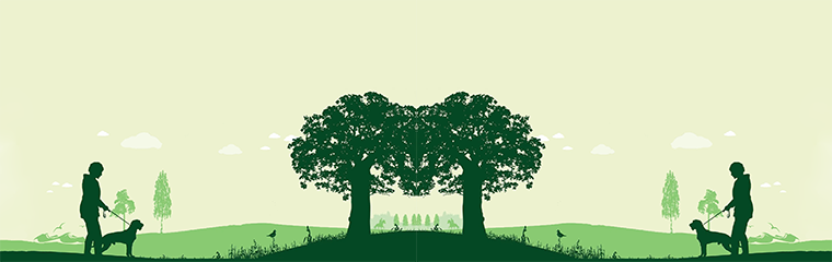 Two people, each with a dog on a lead. Between them two trees. Illustration.