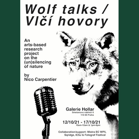 En poster för "Wolf Talks" med en varg och en mikrofon