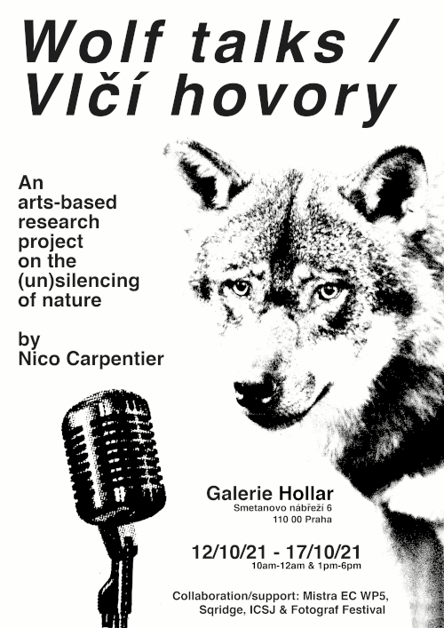 A poster for "Wolf Talks" with a wolf and a microphone