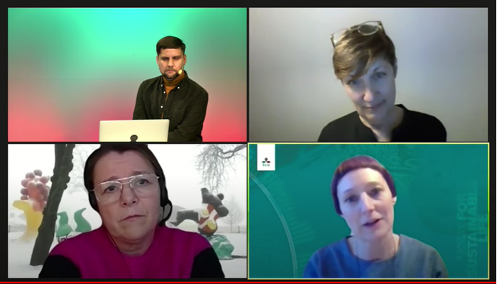 Avbild från dator. Panelsamtal mellan Gitte Ørskou, Hanna Bergeå, Lotten Gustafsson Reinius, Svante H. Tirén 