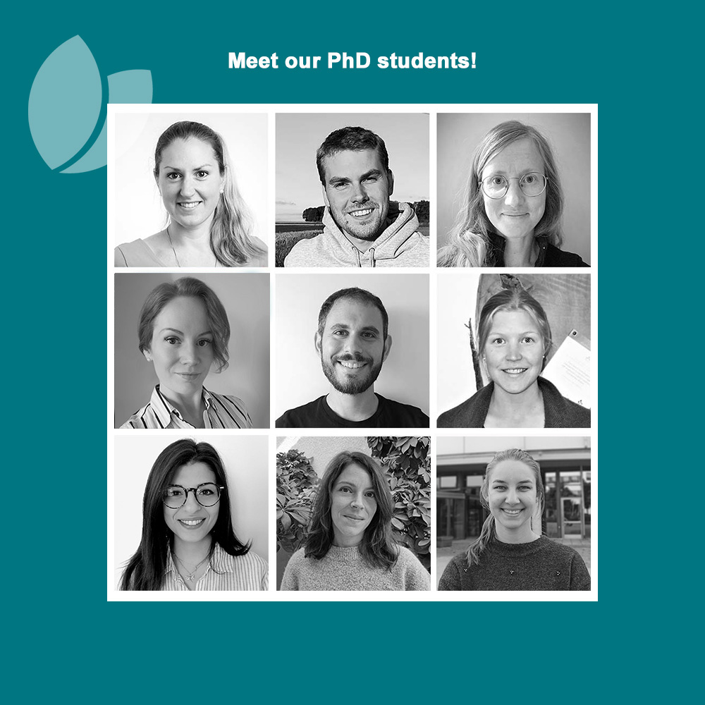 Collage with nine black and white photos of the PhD students. Picture.