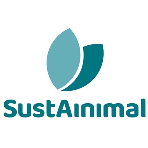 SustAinimals logga i olika nyanswer av blått med texten "SustAinimal"