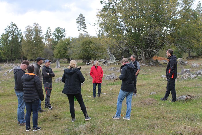 Flera personer står i en ring utomhus i en beteshage. Foto. 