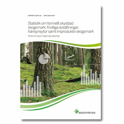 Omslag till rapport Statistik om formellt skyddad  skogsmark, frivilliga avsättningar,  hänsynsytor samt improduktiv skogsmark.
