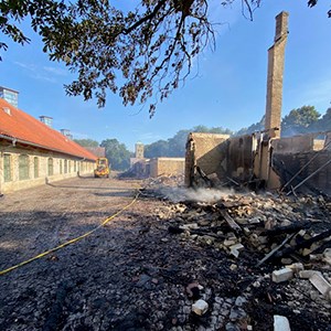 Photo of burnt down storage building