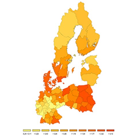 Karta som visar förjande: I Sydsverige, Danmark samt delar av Polen finns de regioner där stöden ger den största ökningen av kväveöverskottet i jordbruket.