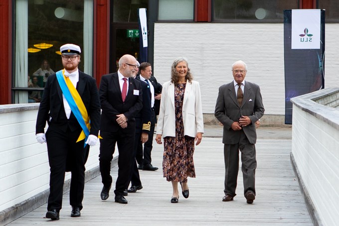 Bild av övermarskalk Gustaf Bengtsson, Uppsalas läns landshövding Stefan Attefall, SLU:s rektor Maria Knutson Wedel och Kung Carl XVI Gustaf som går över gångbron mot Loftets hörsal vid SLU Uppsala.