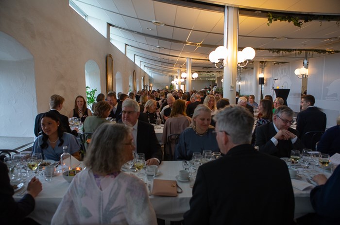 Middag vid långa bord i många rader, vita väggar.