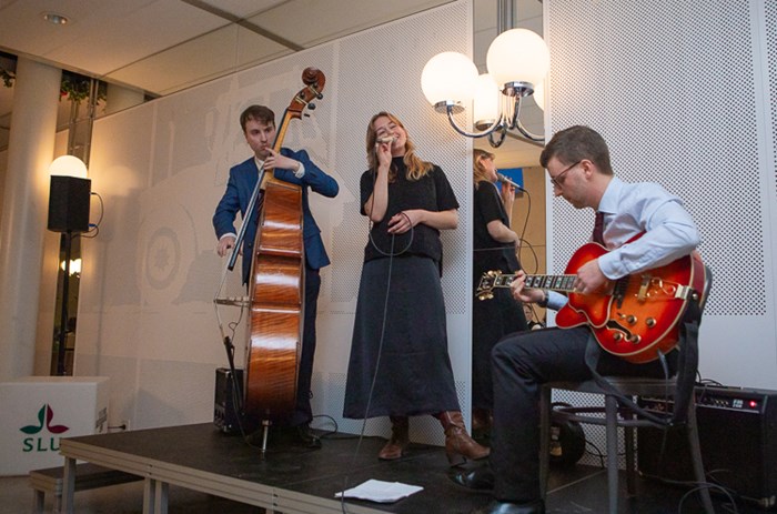 Tre personer står på en liten scen, en med kontrabas, en sjunger i en mic, en sitter ner och spelar på en röd gitarr.