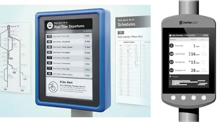 Tidtabellsskyltar för kollektivtrafik med elektroniskt bläck och e-papper.