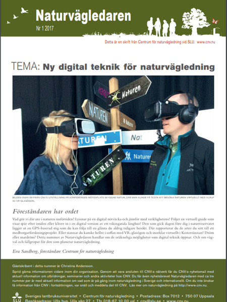 Framsida på nyhetsbrevet Naturvägledaren från 2017 med temat Ny digital teknik för naturvägledning