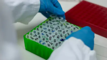 Lab environment with gloved hands pipetting test tubes.