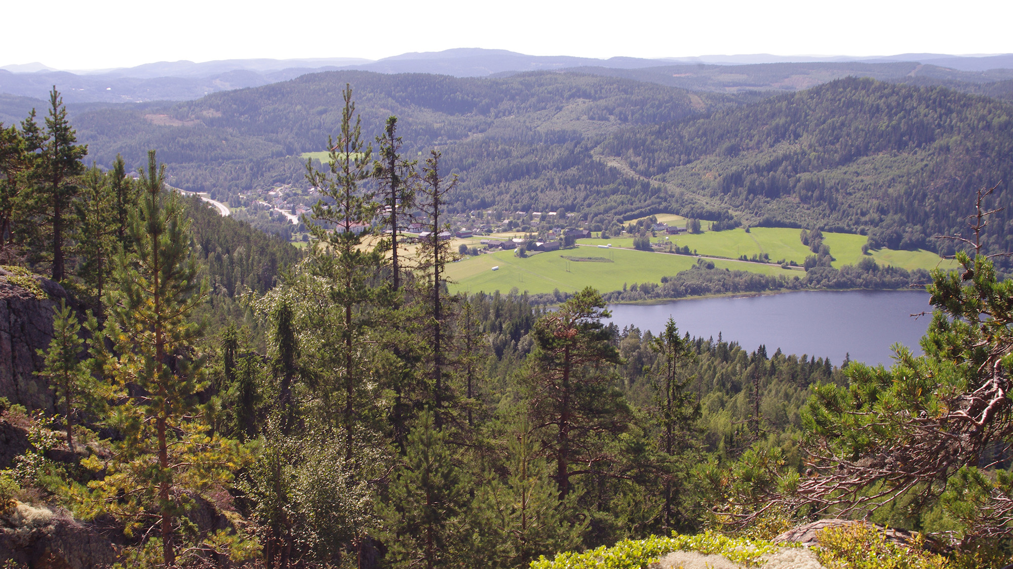 Utsikt över ett landskap med berg, dalar, skogar, åkrar och sjöar.