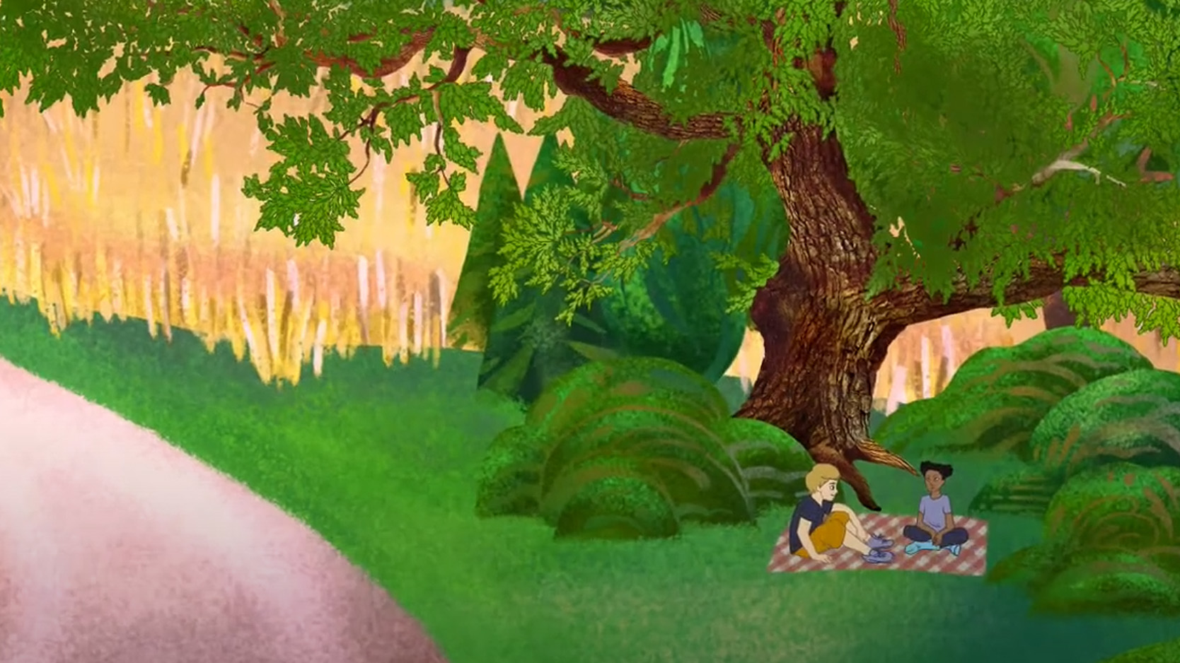 Två barn har picknick under en ek. Tecknad bild.