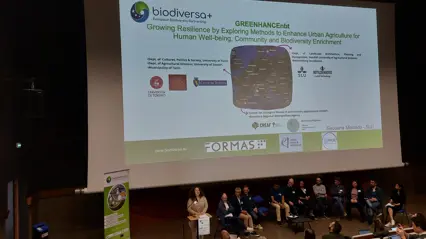 A researcher speaking in front of a crowd