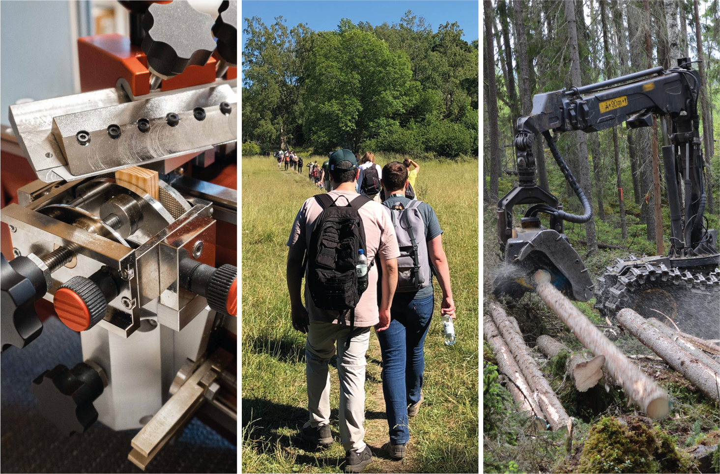 Tredelad bild från labb, människor på exkursion och en skördare i arbete