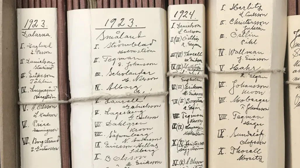Material från den första Riksskogstaxeringen 1923-29 i Riksarkivets lokaler i Arninge. Foto: Iréne Gustafsson, Västerbottens museum.