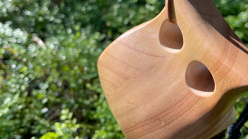 En träkåsa i förgrunden och blåbärsris på backen i sommarljus