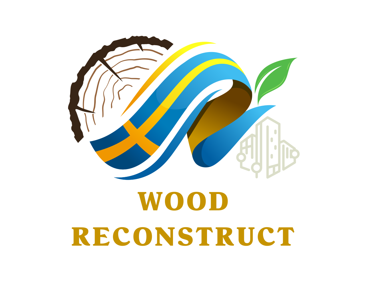 Logo för WoodReconstruct med både ukrainsk och svensk flagga, ett tvärsnitt av en stock och konturlinje av flerfamiljshus.