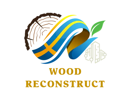 Logo för WoodReconstruct med både ukrainsk och svensk flagga, ett tvärsnitt av en stock och konturlinje av flerfamiljshus.