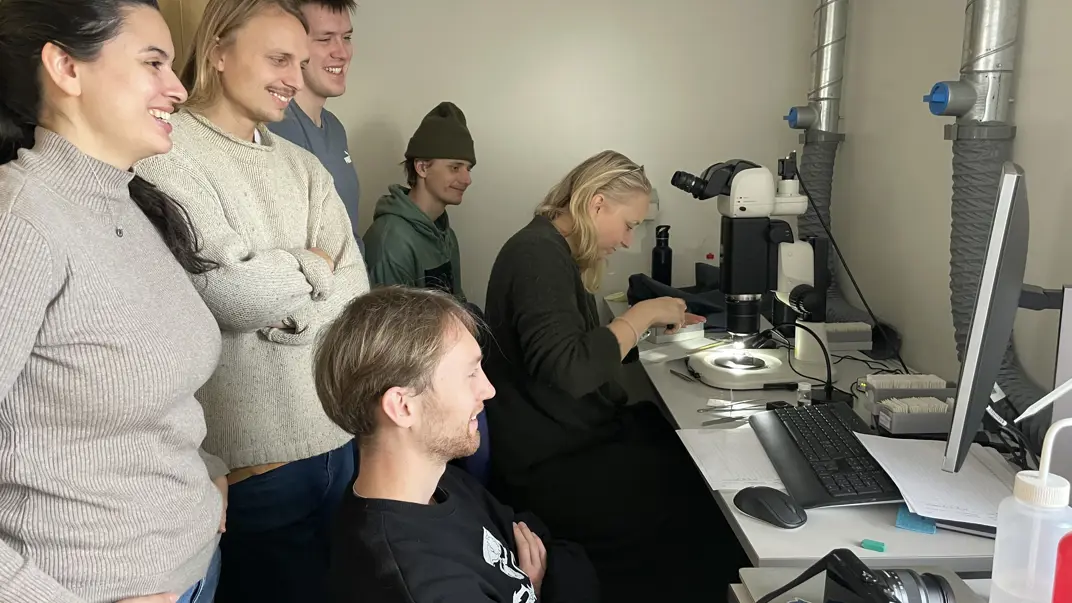 A group of five people stand and sit smiling around a woman working at a stereomicroscope in a laboratory. She uses tweezers to handle a sample, while the others look on with interest. The work table has a computer, keyboard, paper and a camera. Two large ventilation pipes are visible on the wall behind the microscope. The atmosphere seems to be light-hearted and engaged