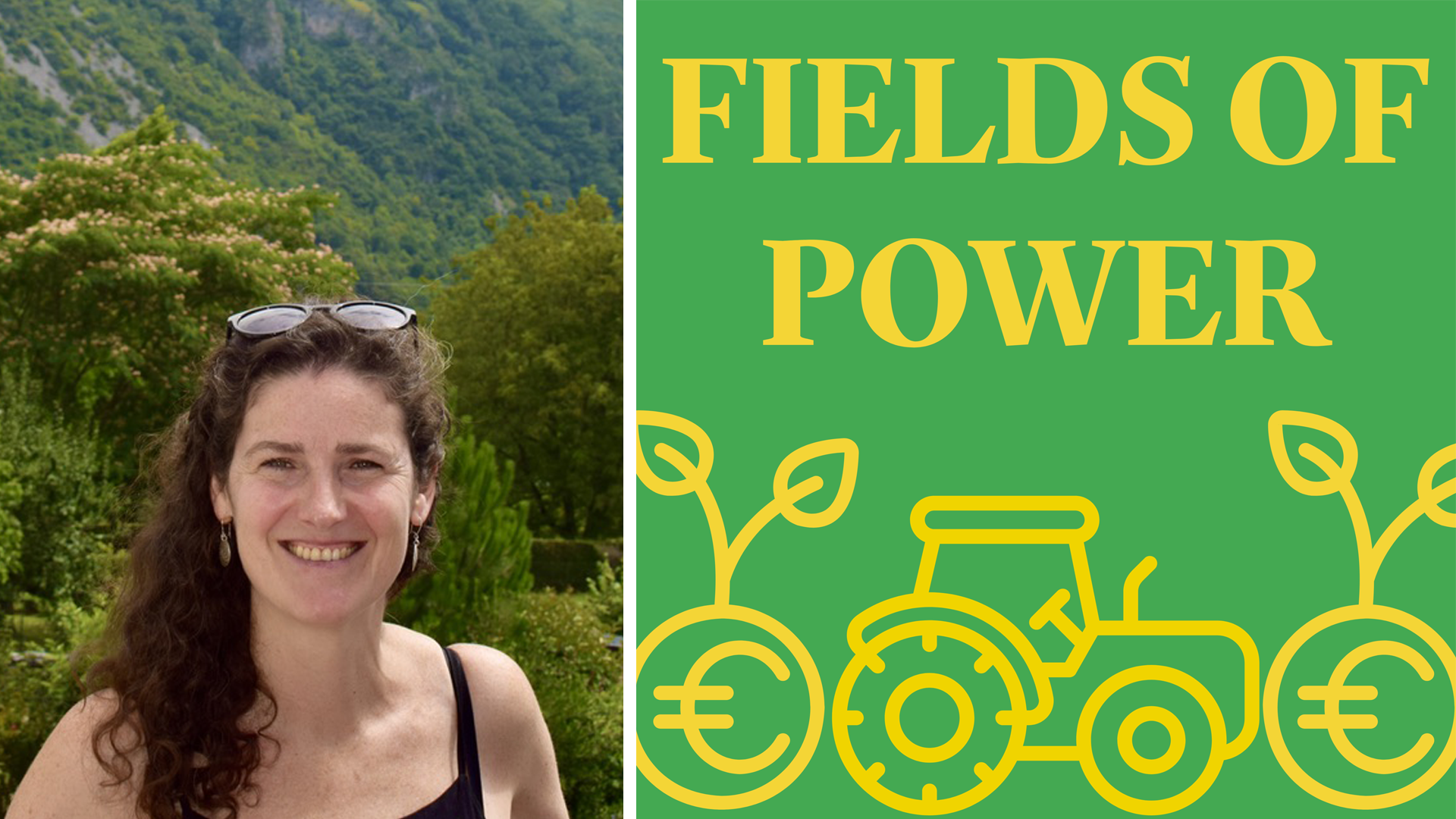 Porträttfoto av Noemi Gonda och en logotyp med texten Fields of Power