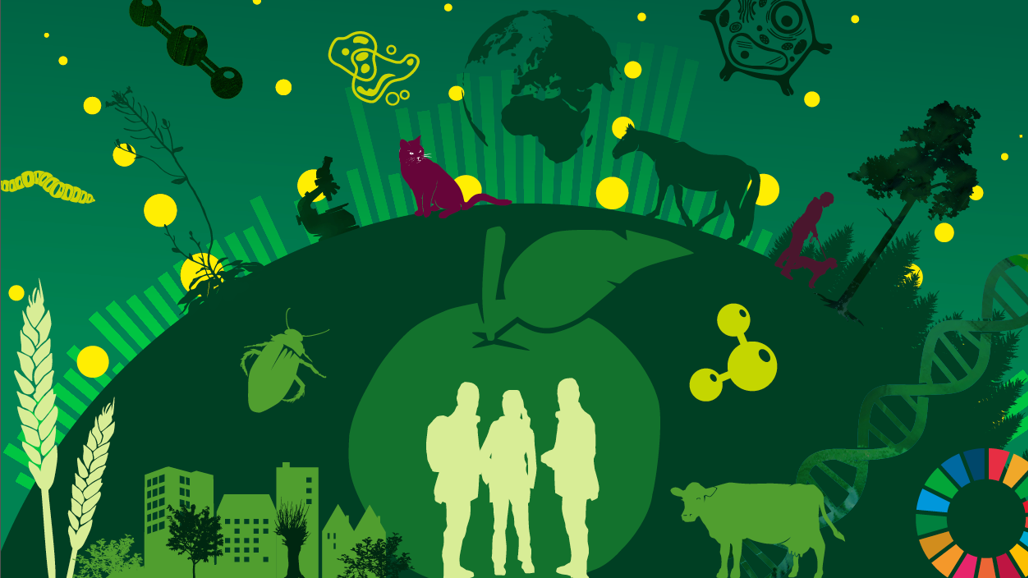 Graphic illustration of the earth, animals and people