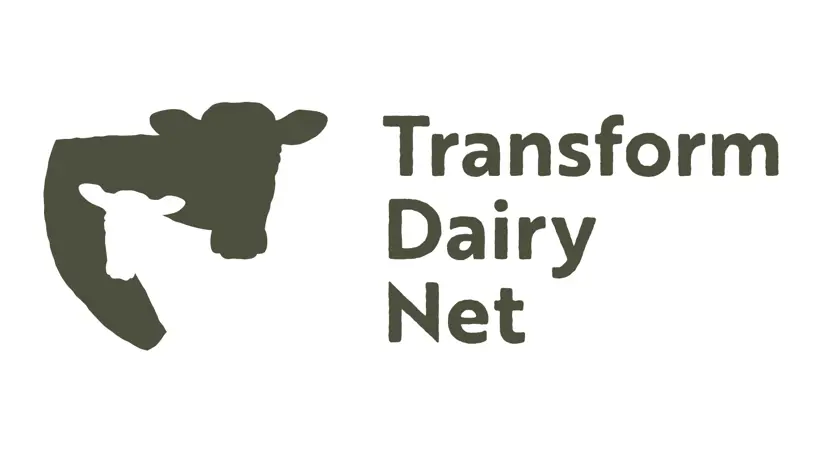 Logotyp för Transform Dairy Net. En ritad bild av en ko med kalv, närbild på huvudena som står tätt ihop.
