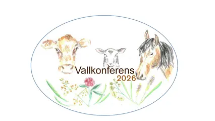 Logotyp för vallkonferensen med ett ritat kohuvud, fårhuvud och hästhuvud samt några gräs och klöverväxter. Text: "Vallkonferens 2026".