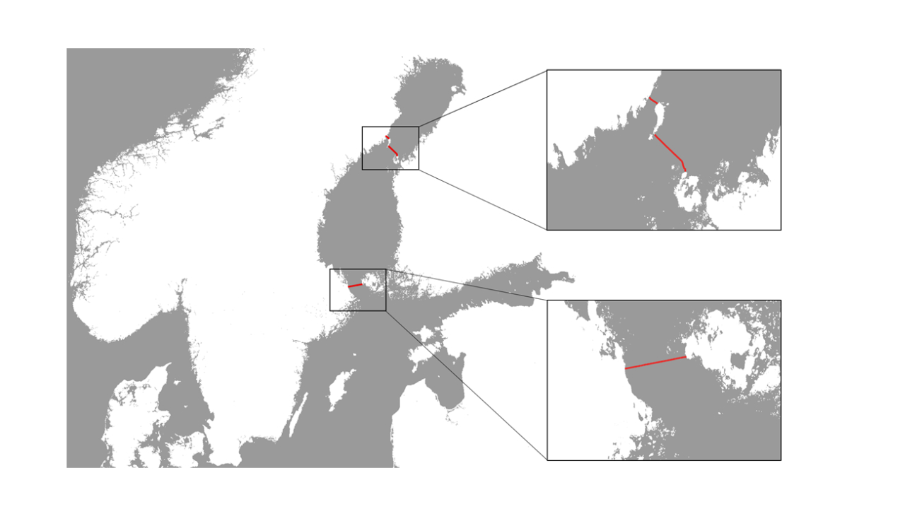 Map showing Sweden, Finland and the Baltic Sea. A red line runs between the countries in two places, marking the locations of the receivers.