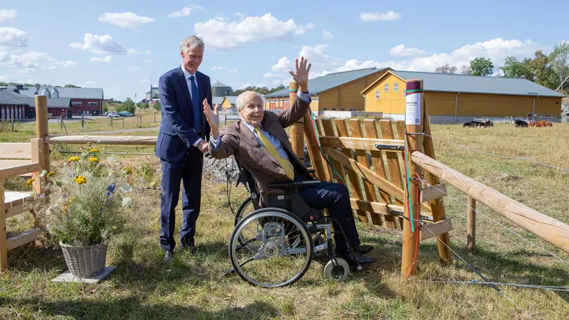 En äldre man i rullstol sitter vid en grind in till en kohage. Mannen ser glad ut och håller upp armarna. En man står bakom rullstolen och håller i.