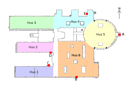 Planskiss över huskropparna på Veterinärmedicinskt och Husdjursvetenskapligt Centum (VHC). Illustration.
