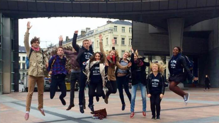 Exchange students jumping