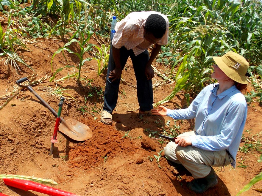 Sofie and a man explore the earth in a corn field
