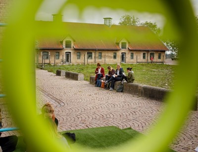 Students sitting on stone wall, photo.