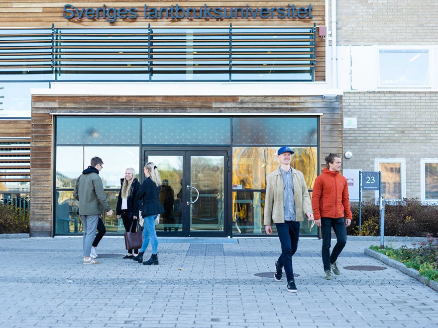 Student group outside the entrance to SLU Umeå, photo.